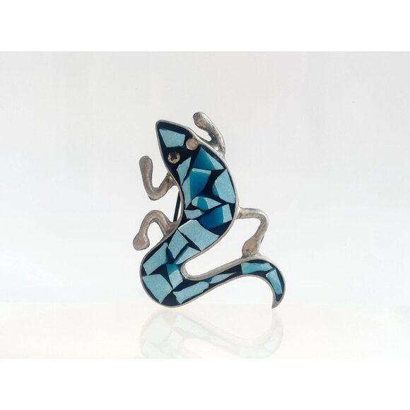 Mosaic Turquoise Lizard Mexican Made TR-19 Vintage Sterling Silver Brooch Pin - Picture 2 of 10